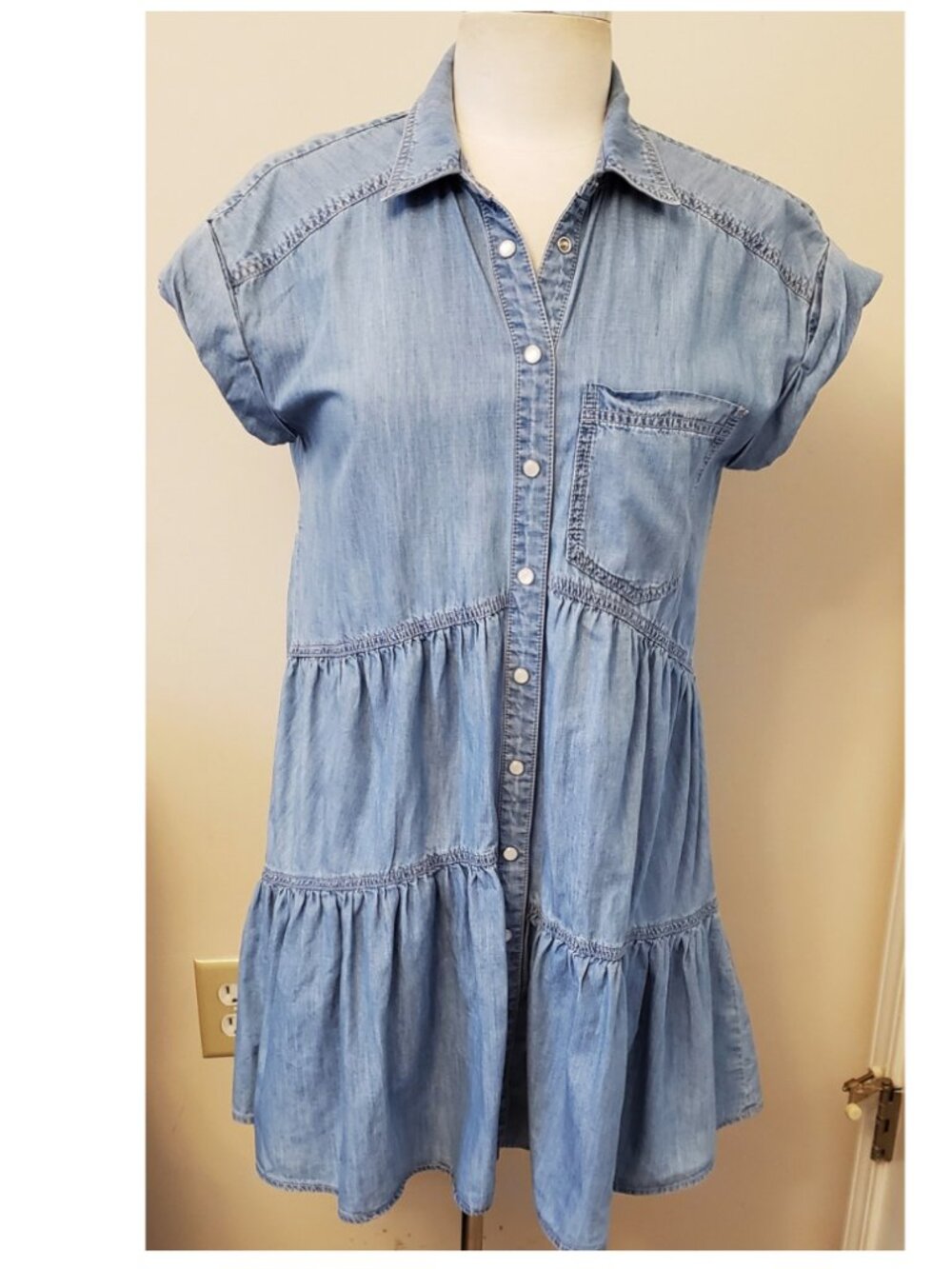 Veronica Beard Jeans Harrow Tiered Blue Denim Mini Shirt Dress Size S
